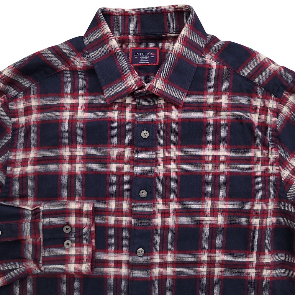 UNTUCKit Shirt Mens Medium Slim Fit Blue Red Plaid Rondel Flannel Button Up